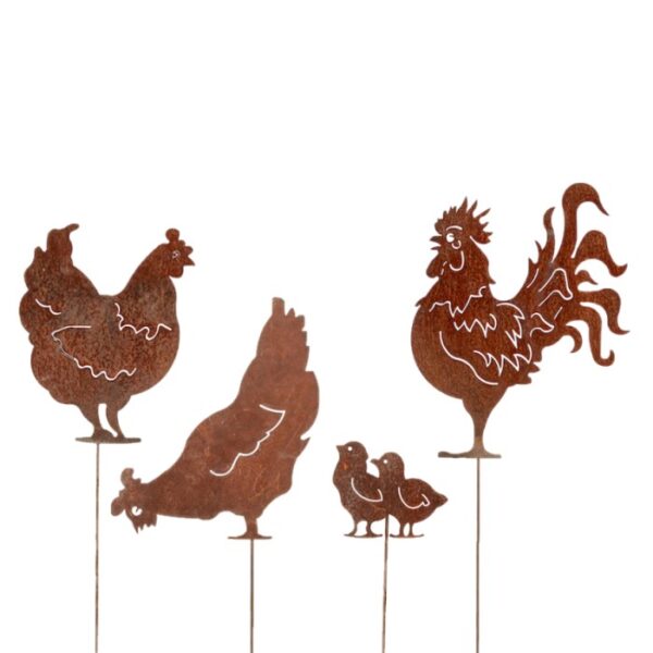 Chicken Family Garden Stakes Rust Set 4