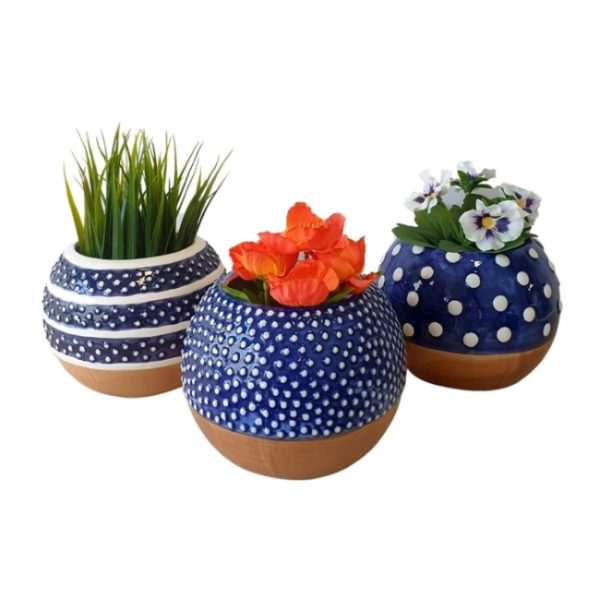 Ceramic Pot Set of 3 Blue White Hand Painted