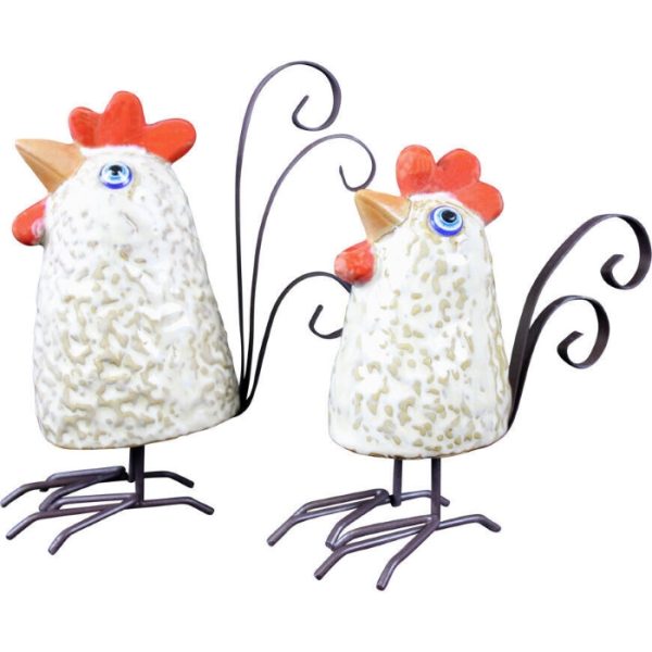 Ceramic Chickens Metal Tail Set 2