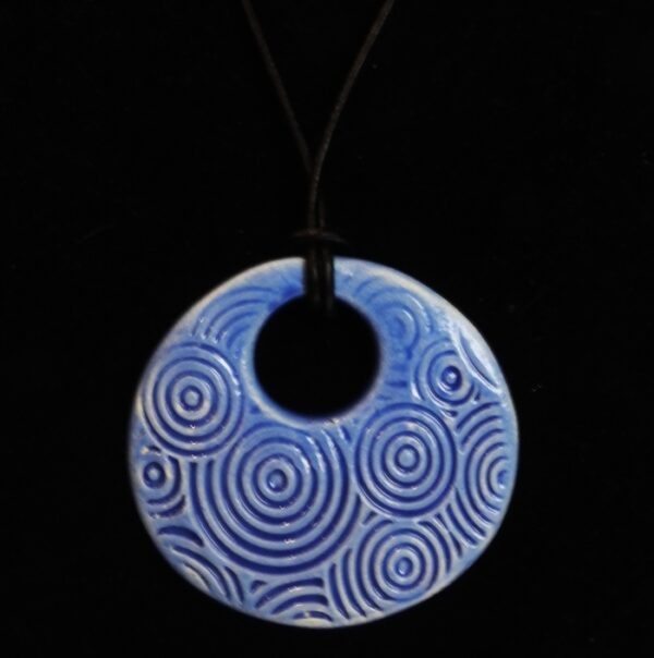 Pottery Necklace Round Spiral Blue Hand Made